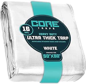 Core Tarps Extra Heavy Duty 16 Mil Tarp Cover, Waterproof, UV Resistant, Rip and Tear Proof, Poly Tarpaulin with Reinforced Edges for Roof, Camping, Patio, Pool, Boat (White 50′ X 50′)
