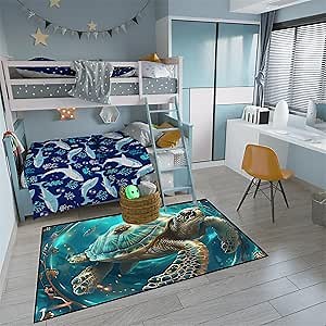 Sea Turtle Rug for Kids Ocean Animal Patterned Home Decor Carpet Sea Turtle Floor Rug Turtle Area Rug for Bedroom for Boys Kids Room Decor,3'×4'