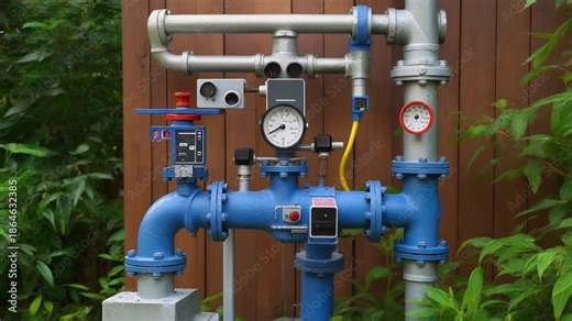 Industrial pipeline system with blue valves, pressure gauges, and meters for gas or water utility control and monitoring