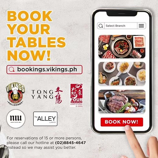 Reservations just got easier at Vikings! Visit https://bookings.vikings.ph to book your tables. For reservations of more than 15 persons, please call our hotline 8845-4647. Try it out and dine with us today! 📍 Tong Yang Plus, Level 1 North Entertainment Mall 📍 Vikings Luxury Buffet, SM by the BAY 📍 Four Seasons Hotpot and Buffet, SM by the BAY #EatLikeAViking #WeEatAsOne #EverythingsHereAtSM | SM Mall of Asia Official