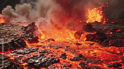 Lava Flow Erupting from Volcano with Molten Rock and Smoke in Active Lava Field