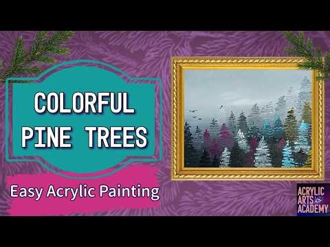 Colorful Pine Trees Acrylic Painting | Easy Winter Forest for Beginners