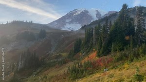 Paradise recreation area Skyline Trail in Mount Rainier National Park with autumn meadow colors ablaze.