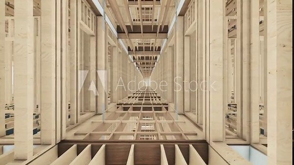 Digital Twin (BIM) of a modular construction wood framing structure, realistic schematic view.