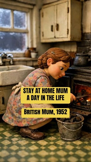 A British Mum’s Day — Working Class, 1952 In 1952, many working-class mothers ran the home full-time. Days began early — lighting the coal fire, preparing breakfast, seeing children off to school. The hours that followed were filled with washing by hand, scrubbing floors, shopping carefully with rationing still fresh in memory, and cooking meals from basic ingredients. There were few labour-saving appliances. Laundry meant heavy wet sheets. Cleaning meant kneeling by the grate. Budgeting meant c