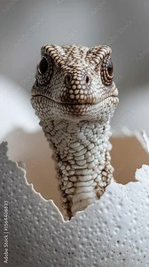 Dinosaur hatching from egg with detailed scales and curious expression cloning experiment showing reptile close up capturing scientific wonder