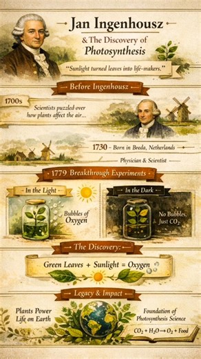 Jan Ingenhousz – The Discovery of Photosynthesis In the 18th century, when science was still uncovering the invisible workings of nature, Jan Ingenhousz revealed one of life’s greatest secrets: how plants sustain the world. Building upon earlier experiments, Ingenhousz proved that plants do not simply “clean the air” at all times. Through careful observation and repeated testing, he discovered that sunlight is essential. Only when exposed to light do the green parts of plants release a life-givi