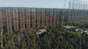 Aerial view of Soviet over-the-horizon military radar station Duga in the Chernobyl exclusion zone also known as Russian woodpecker Stock Video