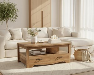 Farmhouse Coffee Table With Storage Drawers | Rustic Wooden Living Room Center Table | Curved Base Design With Open Shelf - Etsy