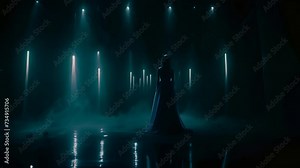 Rear view of allure woman donning stunning blue dress as she captivates viewer within mysterious confines of dimly lit room