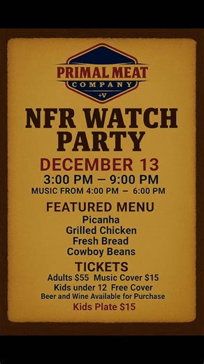 Join us for a watch party at Primal House! December 15th All the details in the flyer! Link in Bio 🔗 for tickets #nfr #nfrealfans #nfrfinals #rodeo #watchparty | Primal House Paso