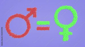 3d Looped animation of gender equality symbol. Small balls shapes wavy surface with ripples. Trendy vibrant texture, graphic design, animated colored texture.