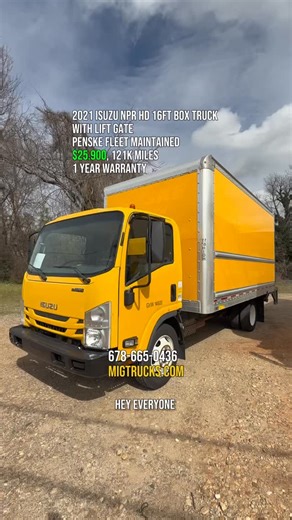 2021 Isuzu Trucks NPR HD 16Ft Box Truck With Lift Gate Gas Engine 121k miles, Non CDL, Comes With 12 Months/ 12,000 Miles Warranty. 💵 $25.900 Never Been Smoked In, Very Clean Inside & Out, No Rust, Clean Title. GM 6.6L V8 Gas Engine, Automatic Transmission, 14,500 lb GVWR, Cruise control, A.C, Power Locks & Windows. Mickey Truck Body 16Ft Long, 91 Inch High With 2500 lbs Maxon Lift Gate. The trucks is located in Downtown Atlanta near old turner field stadium, we can assist with delivery within 