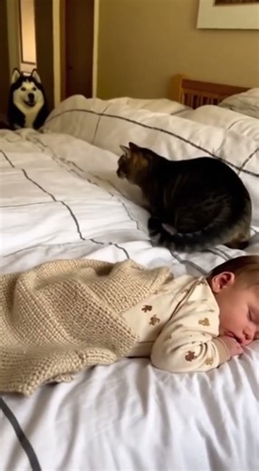 Cat Protects Baby From Husky — Real 4K Moment! 🐱👶🐶