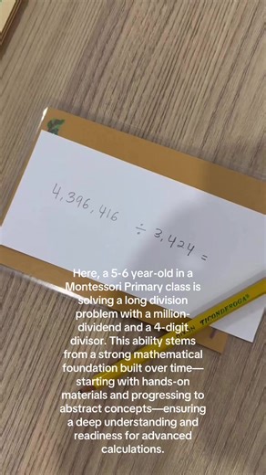 Here, a 5-6 year-old in a Montessori Primary class is solving a long division problem with a million-dividend and a 4-digit divisor. This ability stems from a strong mathematical foundation built over time—starting with hands-on materials and progressing to abstract concepts—ensuring a deep understanding and readiness for advanced calculations.#montessorischoolinjakarta #oleamontessori #kemangjktselatan #kemang #southjakarta #thebestmontessorischool
