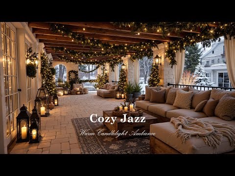 Cozy Soft Jazz at Snowy Winter Porch | Warm Candlelight Ambience with Fire Sound for Peaceful Mood