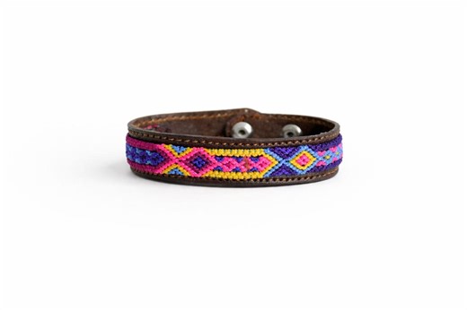 Purple Embroidered Leather Bracelet Boho, Mexican Woven Cuff, Handmade Artisan Wristband, Mystical Gift - Etsy