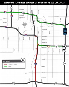 🚧 I-10 CLOSURE 🚧 Tag someone who needs to know! Eastbound I-10 will be closed between US 60 and Loop 202 (Santan/South Mountain Freeway) from 10 p.m. Friday, Oct. 20, to 4 a.m. Monday, Oct. 23, for bridge work. At the same time, the following ramps will be closed: 🚧 The westbound US 60 ramp to eastbound I-10. 🚧 The HOV ramps connecting I-10 and US 60. 🚧 The eastbound I-10 on-ramps at Broadway, Baseline, Elliot, Warner and Ray roads. 🚧 The eastbound US 60 on- and off-ramps at Mill Avenue. E
