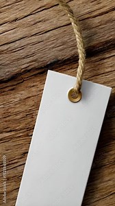 Blank white tag with rough twine string laying flat on weathered wood boards, ideal for price or product information, and promotion