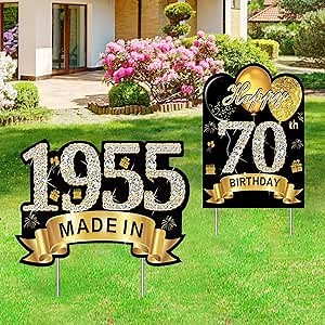 2Pcs Black Gold 70th Birthday Yard Sign Decoration for Men Women,Happy 70th Birthday Made in 1956 Lawn Sign Party Supplies, Seventy Year Old Birthday Yard Stakes Decor
