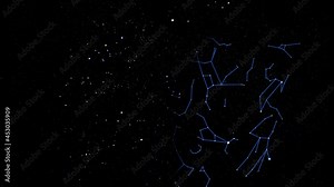 Celestial map of 30 zodiac signs appearing in the starry sky. 4K loopable motion footage.