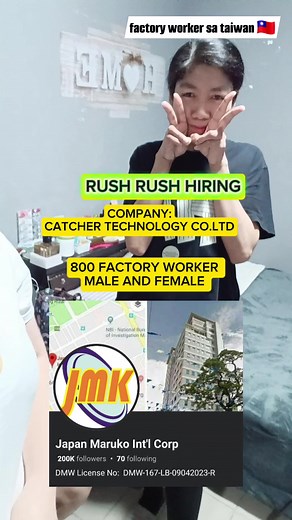 factory worker sa taiwan 🇹🇼 take time to read; Hindi po ako agent ng mga agency factory worker po ako nagshashare ng information or idea sa nagnanais mag-taiwan bilang factory worker. RUSH RUSH RUSH HIRING!!!!!! CATCHER ELECTRONICS HIRING 800 FEMALE AND MALE FACTORY WORKERS!!! HEIGHT QUALIFICATION? MALE - 168CM FEMALE 157 CM AGE QUALIFICATION? 21-33 YEARS OLD EDUCATIONAL ATTAINMENT? ATLEAST 2 YEARS IN COLLEGE. FIRST TIMER? YES. TATTOOS? NO. HOW TO APPLY? WALK IN APPLICATION. REQUIREMENTS: PEOS