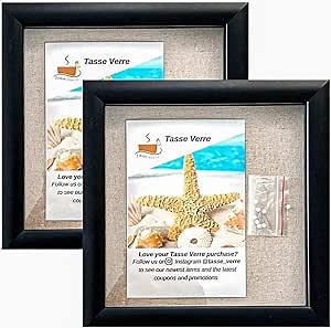 Tasse Verre 8x8 Black Display Shadow Box (2-Pack) Frame w/Linen Background and 16 Stick Pins - Ready to Hang Shadowbox Picture Frame - Box Display Baby Memorabilia Wedding