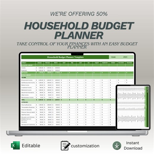 Household Budget Planner Spreadsheet | Monthly Expense Tracker Template | Excel & Google Sheets Personal Finance Organizer - Etsy