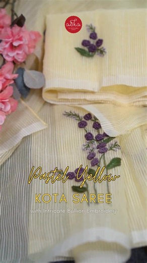7.2K views | Soft pastel yellow. Feather-light Kota weave. Rich bullion embroidery that catches light. Elegant, airy, and perfect for day events. Drapes beautifully. Pair with minimal gold jewelry. Dry clean only. | Alika | Facebook