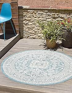 Unique Loom Outdoor Aztec Collection Area Rug - Chalca (4' 1" Round, Aqua/ Ivory)