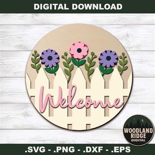 Welcome Floral Fence Door Hanger SVG | Spring Welcome Sign Laser Cut File