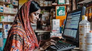 A creative rural pharmacy where the pharmacist is filling prescriptions with the help of an online inventory system, ensuring access to essential medicines in remote areas.