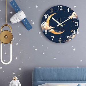 Blue Wall Clocks Battery Operated 14 Inch Moon Clock for Classroom - Glow in the Dark Wall Clock Slient Non-Ticking