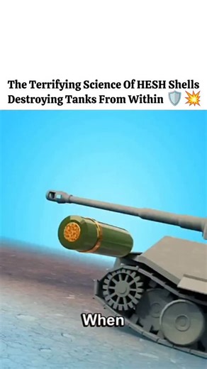 DISCOVER HQ🌍 on Instagram: "This 3D animation provides a detailed technical breakdown of how a HESH tank round functions upon impact. The video begins by showing a tank firing a shell that has a soft outer casing. As the shell hits the armor, the plastic explosive inside squashes flat against the metal surface. A fuse at the back then triggers an explosion that sends a powerful shockwave through the armor plate. The animation clearly illustrates the concept of spalling where the internal side o