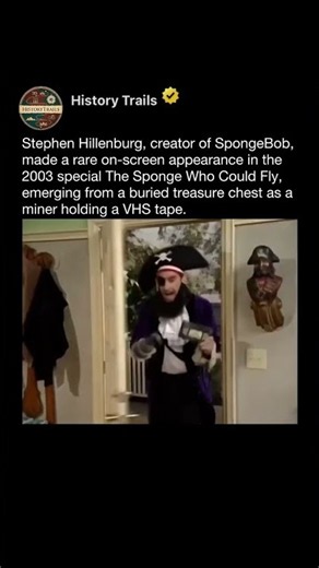 Stephen Hillenburg appears from a buried chest with a VHS tape in SpongeBob’s “lost episode” gag.