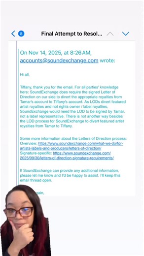 Tiffany Red on Instagram: "Pt. 6: More 🧾’s this one is an email to me, Tamar, and Vince from @soundexchange"