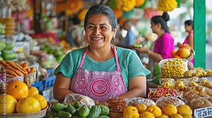 Latin woman selling fresh fruits and vegetables at farmers market
