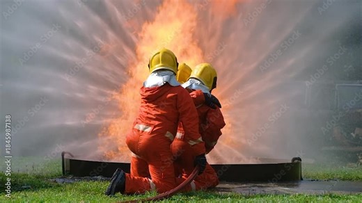 Fireman in fire protection suit fighting strong fire in danger situation. Firefighter teamwork spray water from fire hose to extinguishing fire flames in training operation.