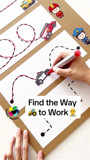 👷‍♂️Find the Way to Work 🚜 is perfect for enhancing your child's fine motor skills and cognitive development. This fun and educational game encourages pre-writing practice and hand-eye coordination. Kids will love matching vehicles to workers while tracing dash lines. Visit our store to get yours now. ☰What you'll need: * Chanafavors Printables 🌈 Shop for Printable PDF Files 🖨 Chanafavors.etsy.com (Click our profile for live link) * Cardboard * Adhesive Tape * Scissors / Glue Stick * Whitebo
