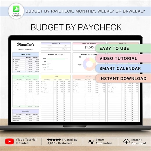 Apple Numbers Budget by Paycheck Planner Monthly Budget Tracker Spreadsheet Template Biweekly Weekly Financial Budgeting iPhone Mac iPad - Etsy