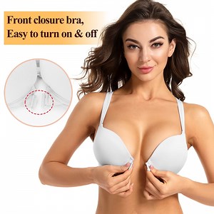 YANDW Front Closure Push-up Bra Strappy Thick Padded Cross Back Add 2 Cup Plunge Underwire Bras 36B, White