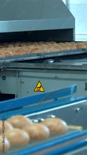 Stainless Steel Trays In Baking Tunnel, Closeup Of Warm Crust And Quality Control Signs Visible. Media