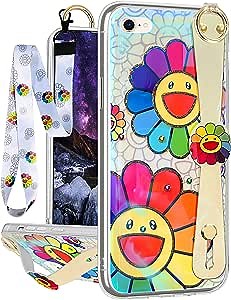 Trendy Fun Rainbow Flowers for iPhone 7/8/SE 2020/SE 2022 Case with Wrist Strap for Girls Women Girly Flower Floral Wristband Lanyard Funny Aesthetic Phone Cases Cover for iPhone 7/8/SE 2020/SE 2022