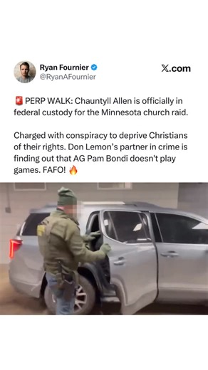Ryan Fournier on Instagram: "🚨 JUSTICE SERVED. 🚨 St. Paul School Board member Chauntyll Allen just got her PERP WALK. She’s charged with conspiracy to deprive Christians of their rights after storming that MN church with Don Lemon. The radical Left thought they were untouchable. They were WRONG. Accountability is back! 🇺🇸⚖️"