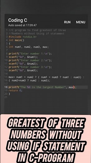 Greatest of Three Numbers without using If...Else statment in C-Program #programming #coding