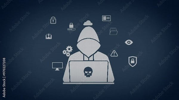 Animation, hacking and data protection for firewall breach or access in cybersecurity. Software engineer, technology and computer programming with future, dark web and ai training on digital network