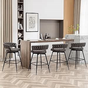 Canxkun Counter Height Bar Stools Set of 4, 26 inch Modern Bar Chairs with Woven Back, 360° Swivel Bar Stools for Kitchen Island, Cafe, Bar Counter (Grey)