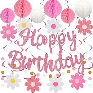 YEOCU Birthday Decorations, NO DIY, Pre-Strung Happy Birthday Banner with Honeycomb Balls, Hanging Swirls, Circle Dots Garland, Happy Birthday Party Decorations for Women Men Boys Girls (Pink)