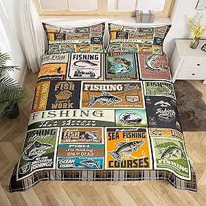 jejeloiu Fish Comforter Cover Set Vintage Fish Stamp Pattern Bedding Set for Boys Girls Children Fishing and Hunting Brown Green Bedding Duvet Cover Set Room Decor Twin Size with 1 Pillow Case