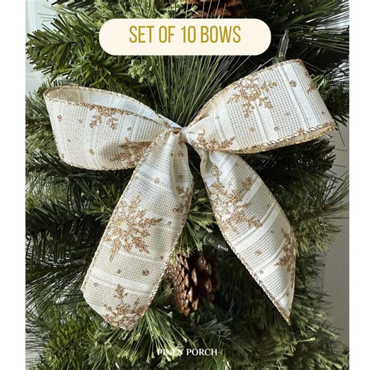 10 Ivory and Gold Christmas Tree Bows, Elegant Holiday Tree Bows, Gold Christmas Decor, Christmas Bows, Package Bows, Tree Decor, 5"x5" - Etsy